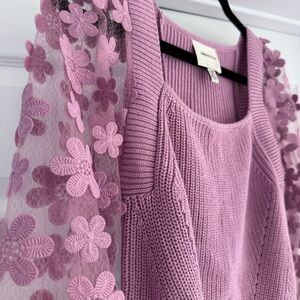 INDUSTRY Lilac Pink Cotton Knit Sweater Top w Sheer Floral Applique Sleeve S